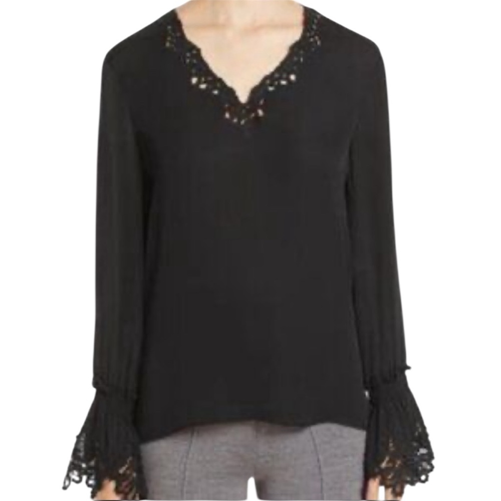 KOBI HALPERIN EFFIE Lace Trim Bell Silk Sleeve V-neck Quiet Luxury Tunic Top M